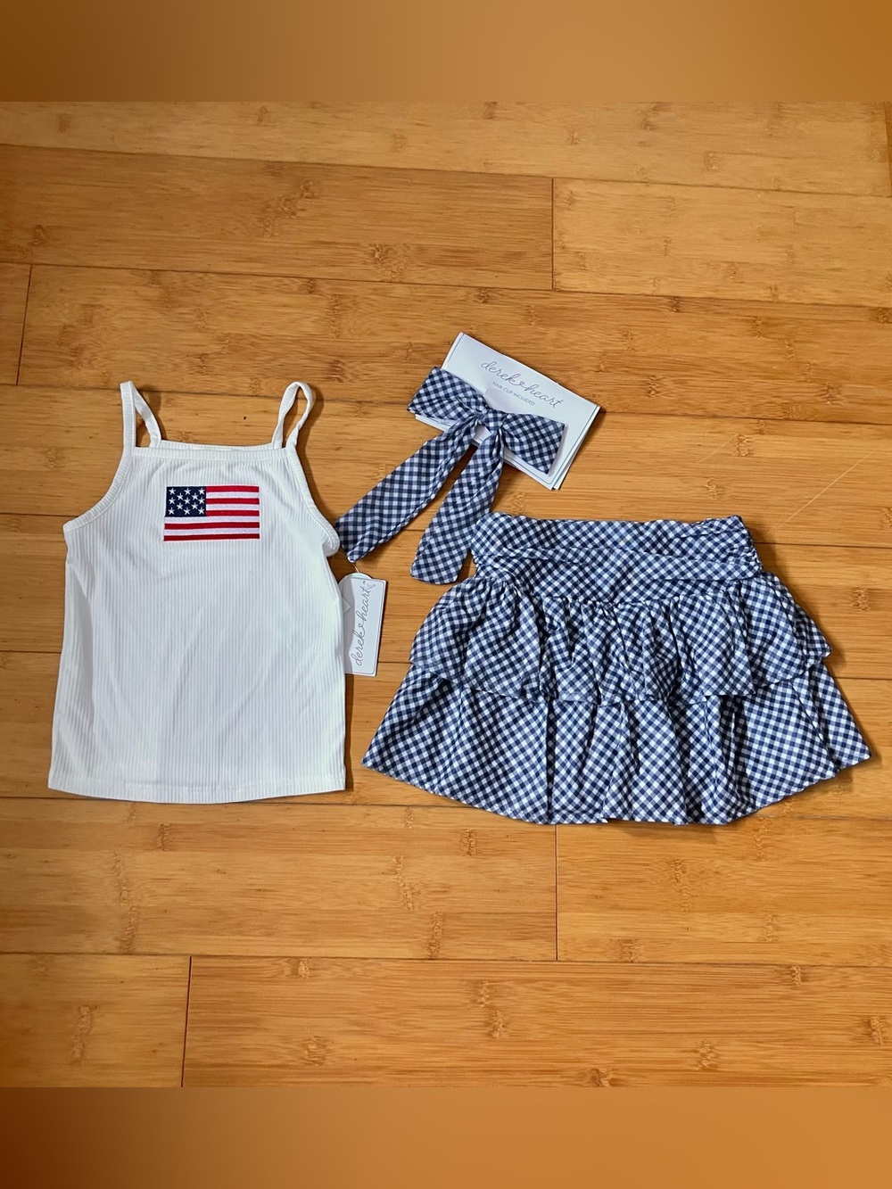 NWT Girls Size 5 Patriotic Outfit  - Tank Top w/ Flag & Blue Gingham Skorts Set